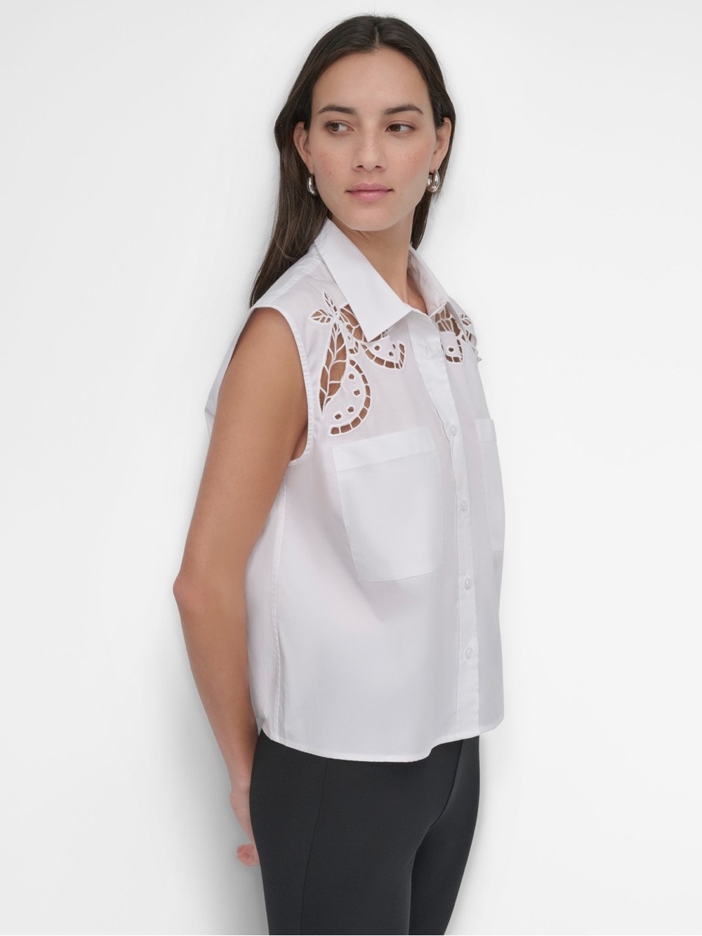 DKNY White Sleeveless Button-Down Top with Eyelet Shoulders. NWT Size XL - Picture 3 of 6